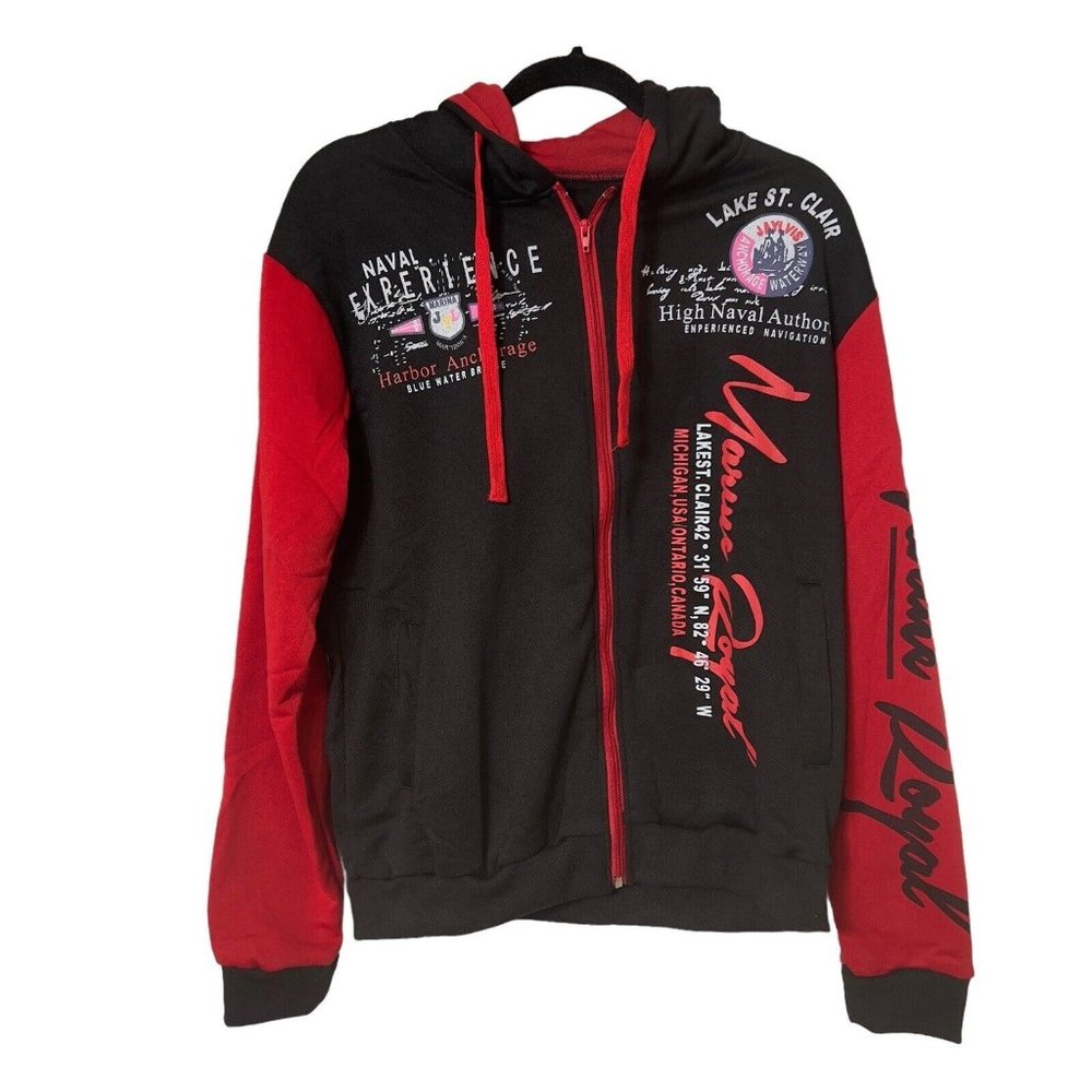 Marina Royal Mens Tracksuit Hoodie Hooded Full Zip‎ Black Red Top Size XL